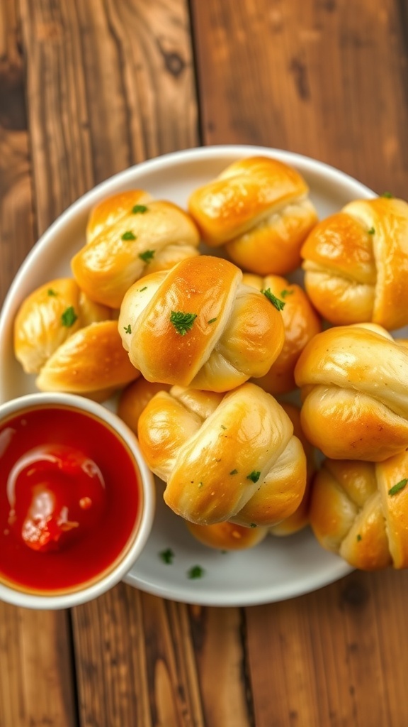 Garlic Bread Knots Recipe Golden brown garlic bread knots on a plate, garnished with parsley, served with marinara sauce.